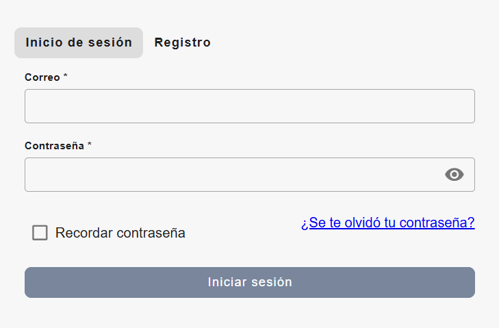 Formulario de inicio de sesión con la pestaña "Inicio de sesión" activa, mostrando los campos de correo y contraseña, casilla "Recordar contraseña", enlace "¿Se te olvidó tu contraseña?" y botón "Iniciar sesión"