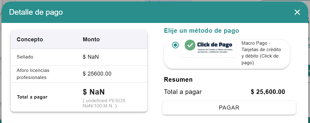 Ventana "Detalle de pago" con el método "Click de Pago" seleccionado, sección "Resumen" mostrando el total a pagar y botón "PAGAR" listo