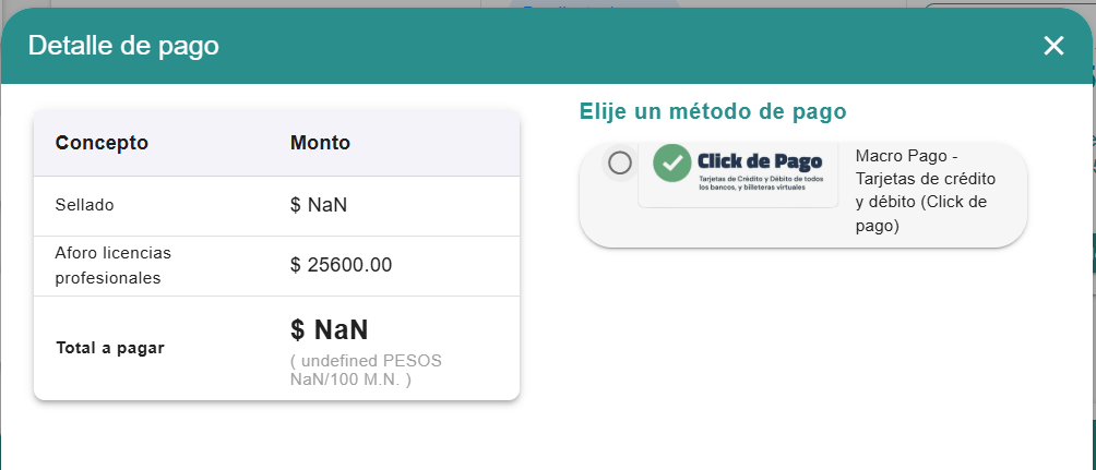 Ventana "Detalle de pago" con tabla Concepto / Monto a la izquierda y a la derecha la opción "Elije un método de pago" con "Click de Pago" disponible sin seleccionar todavía