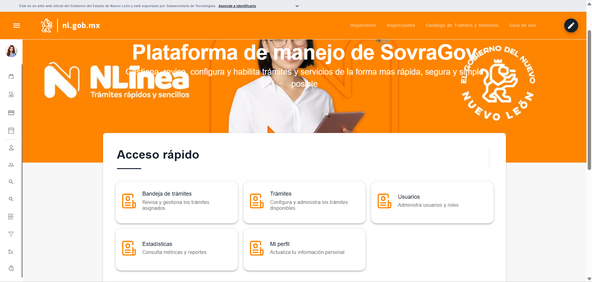Pantalla de inicio del funcionario de NLínea con la sección "Acceso rápido" mostrando cinco tarjetas para este usuario: "Bandeja de trámites", "Trámites", "Usuarios", "Estadísticas" y "Mi perfil"