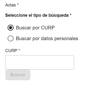 Búsqueda por CURP: la opción "Buscar por CURP" seleccionada, el campo obligatorio "CURP" vacío y el botón "Buscar" en gris