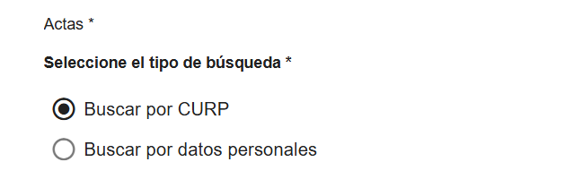 Pregunta "Actas" con la opción "Seleccione el tipo de búsqueda" y sus dos alternativas: "Buscar por CURP" y "Buscar por datos personales"