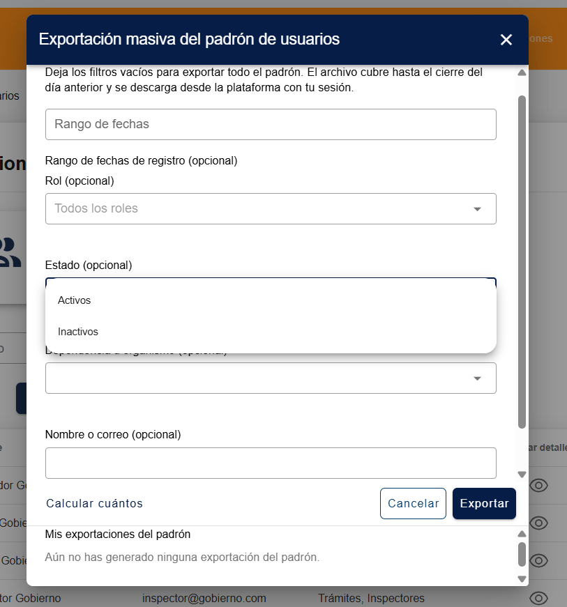 La lista "Estado (opcional)" desplegada, con las opciones "Activos" e "Inactivos"