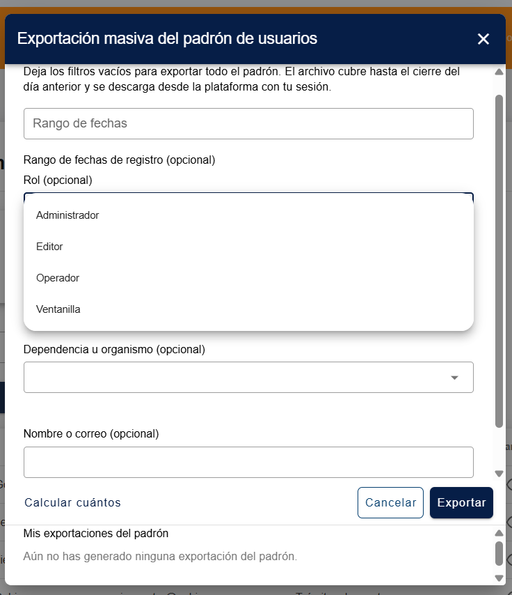 La lista "Rol (opcional)" desplegada, con las opciones "Administrador", "Editor", "Operador" y "Ventanilla"