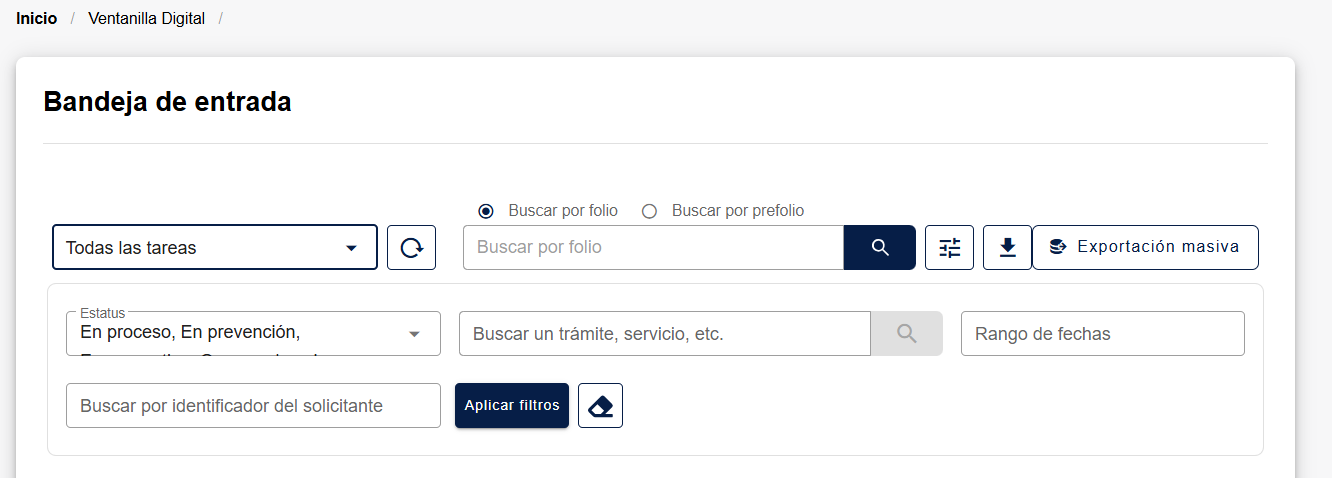 Barra de la Bandeja de entrada con la vista "Todas las tareas" seleccionada y, a la derecha del buscador, el ícono de descarga junto al botón "Exportación masiva"