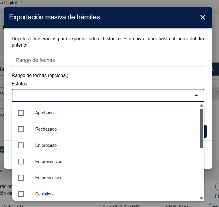 La lista "Estatus" desplegada, con una casilla por estado: "Aprobado", "Rechazado", "En proceso", "En prevención", "En preventiva" y "Desistido"