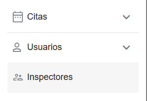 Barra lateral izquierda con el grupo "Usuarios" expandido y la pestaña "Inspectores" destacada