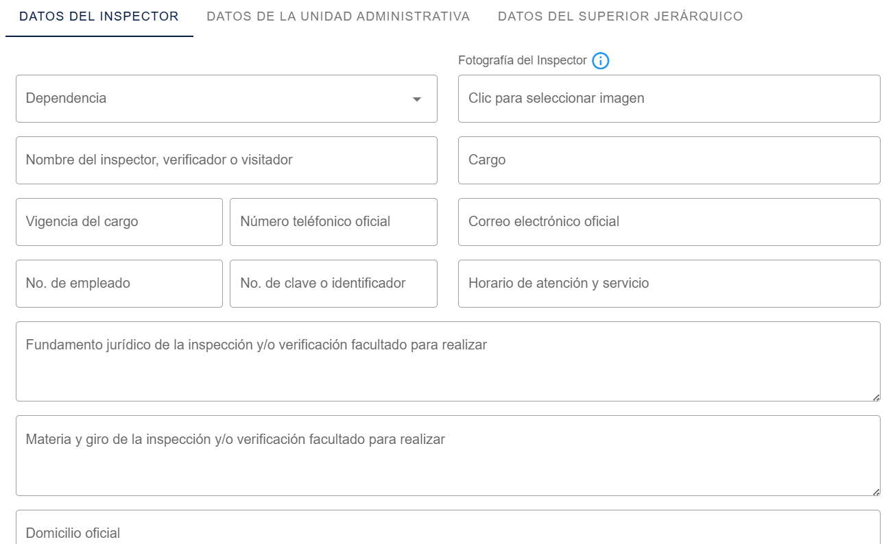 Ventana de creación, pestaña "Datos del inspector" con campos de dependencia, foto, nombre, cargo, vigencia, contacto, número de empleado, fundamento jurídico y domicilio