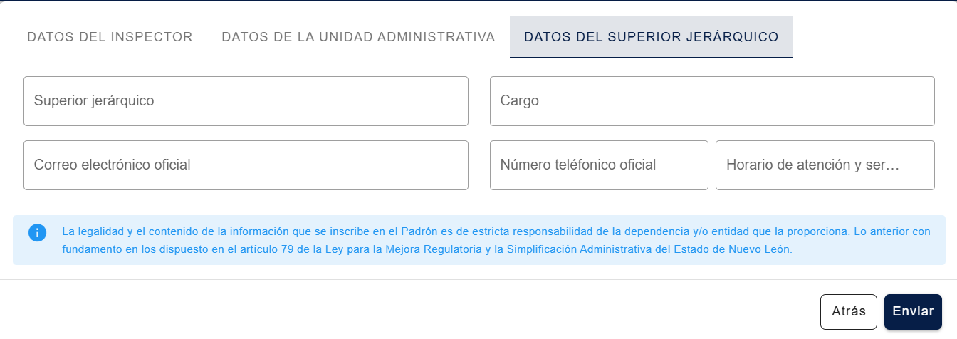 Ventana de creación, pestaña "Datos del superior jerárquico" con nombre del jefe, cargo, correo, teléfono y horario