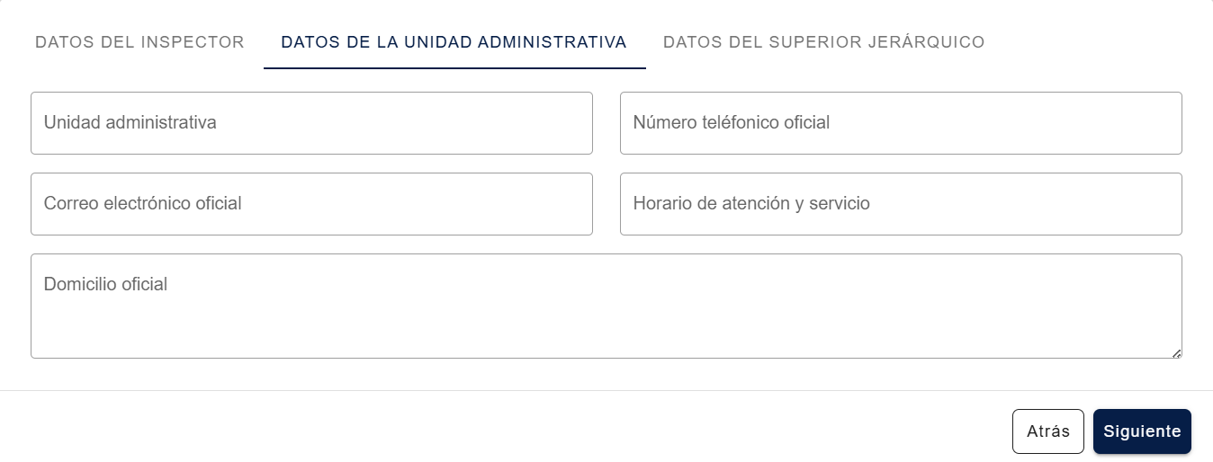 Ventana de creación, pestaña "Datos de la unidad administrativa" con campos de nombre, teléfono, correo, horario y domicilio oficial