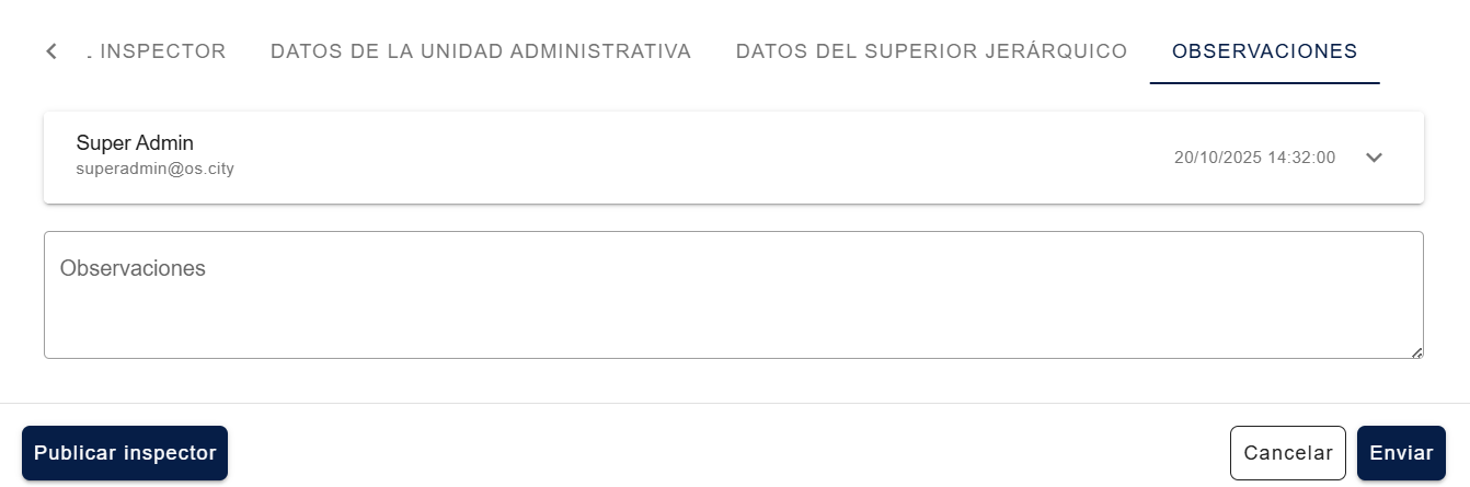 Pestaña "Observaciones" con el correo del usuario que creó el registro, fecha y hora de creación, y campo libre para nuevos comentarios
