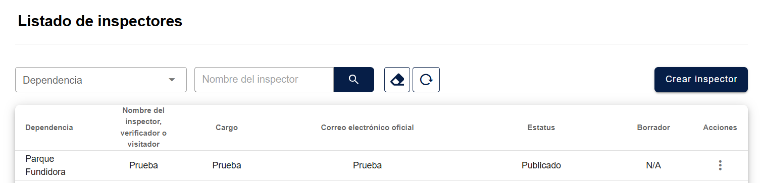 Vista principal del Listado de inspectores con filtros, búsqueda, botón "Crear inspector" y la tabla de registros con sus columnas