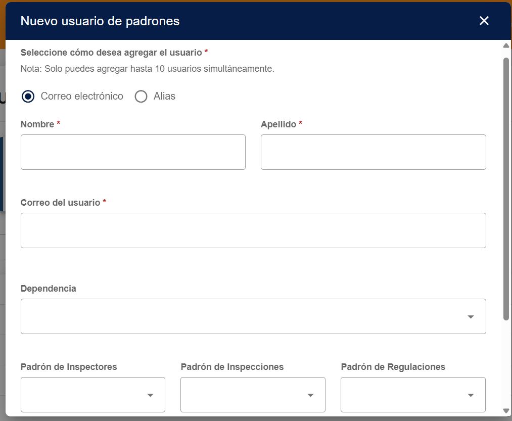 Ventana "Nuevo usuario de padrones" con la opción "Correo electrónico" marcada y los campos Nombre, Apellido, Correo del usuario y Dependencia, seguidos por las tres listas desplegables de padrón: Padrón de Inspectores, Padrón de Inspecciones y Padrón de Regulaciones