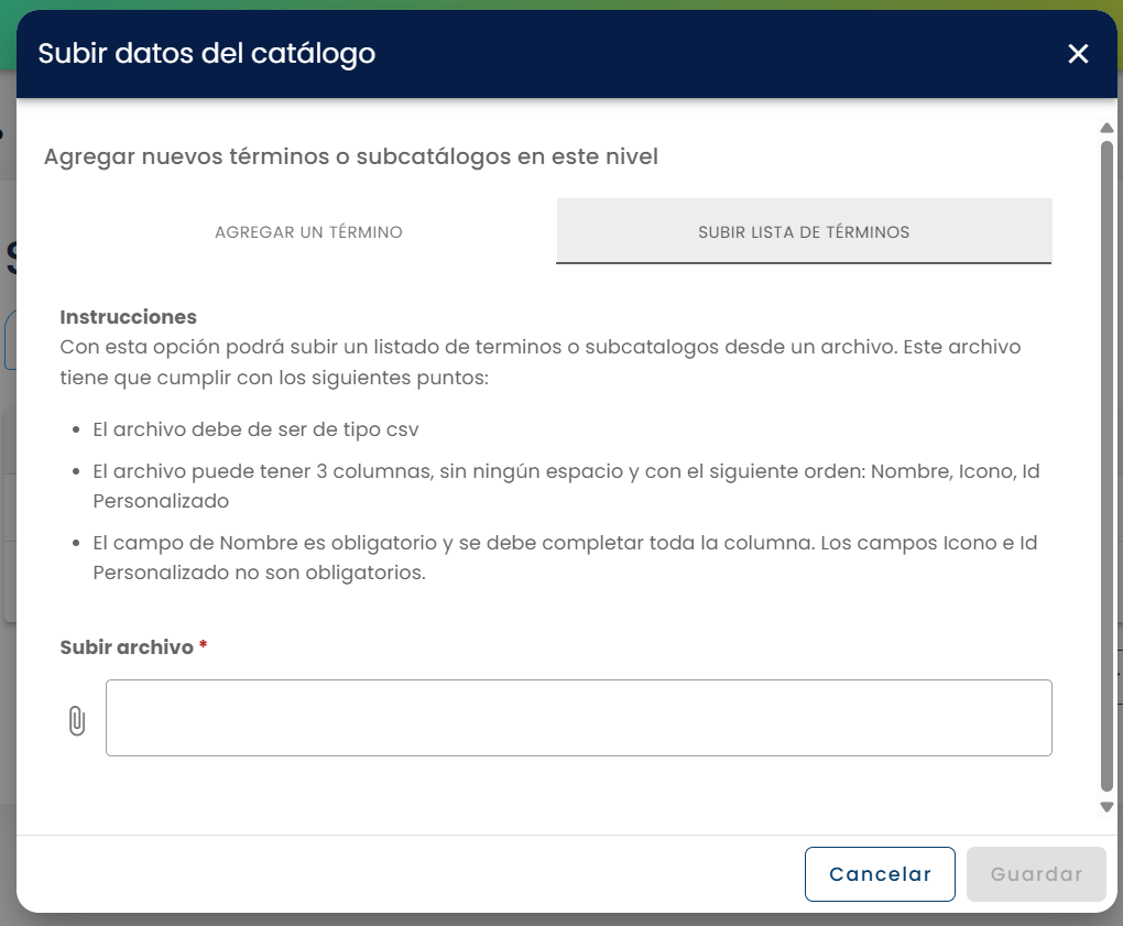 Pestaña Subir lista de términos con instrucciones y campo Subir archivo
