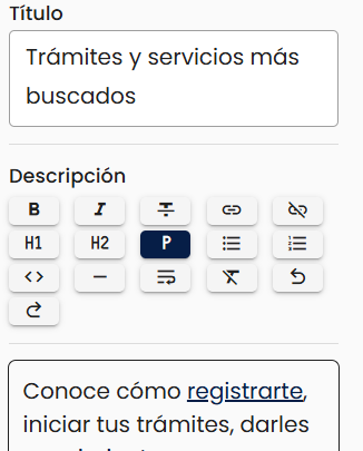 Panel de configuración de la segunda sección con el campo Título cargado con "Trámites y servicios más buscados" y el campo Descripción con su editor de texto enriquecido sobre el párrafo cargado