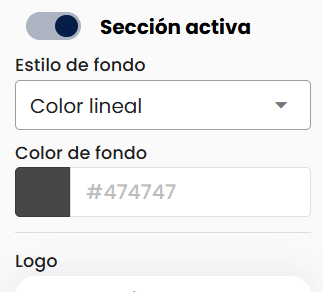 Panel de configuración de la zona Footer con el interruptor "Sección activa" encendido, Estilo de fondo en "Color lineal", el campo Color de fondo (#474747) con su muestra y el campo Logo debajo