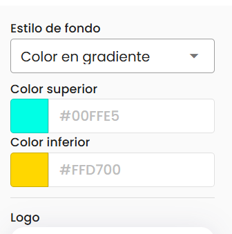 Panel de configuración de la zona Header con Estilo de fondo en "Color en gradiente", los campos Color superior (#00FFE5) y Color inferior (#FFD700) con sus muestras de color, y el campo Logo debajo
