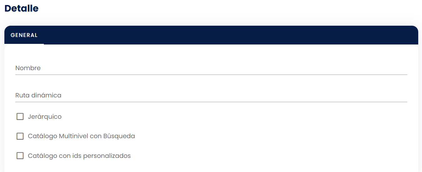 Pantalla de configuración general del catálogo