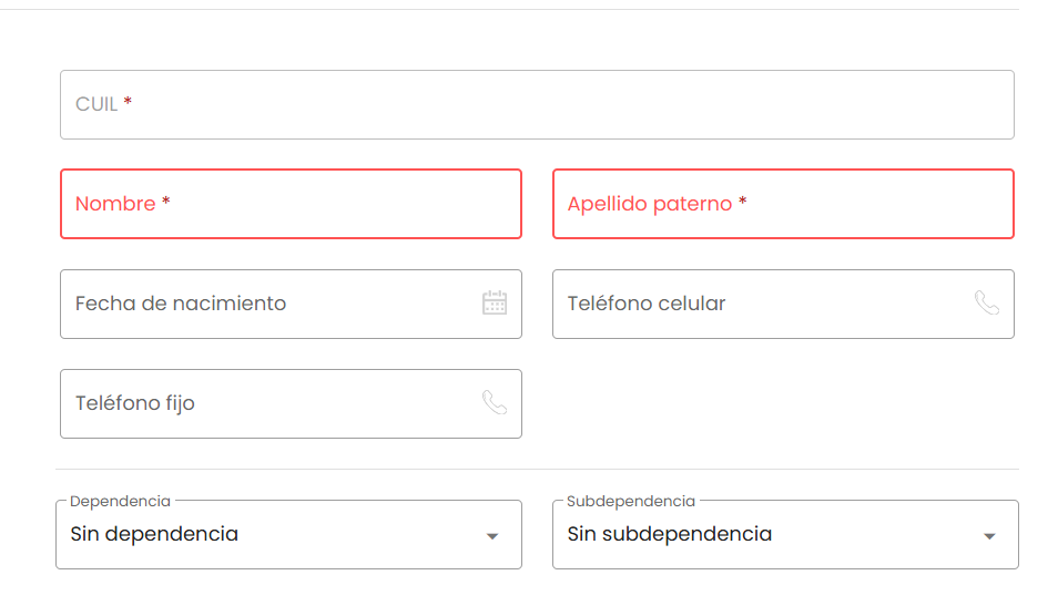 Detalle del comunicador con los campos CUIL, Nombre y Apellido paterno obligatorios (Nombre y Apellido paterno resaltados en rojo por estar vacíos), Fecha de nacimiento, Teléfono celular, Teléfono fijo, y las listas desplegables Dependencia en "Sin dependencia" y Subdependencia en "Sin subdependencia"