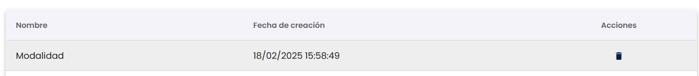 Tabla de filtros con las columnas Nombre, Fecha de creación y Acciones, mostrando el filtro "Modalidad" creado el 18/02/2025 15:58:49 y el ícono de papelera en su fila