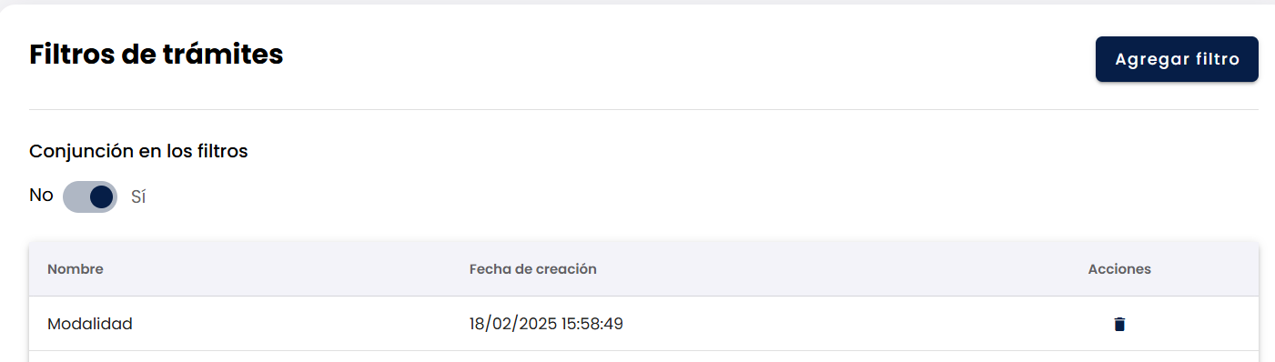 Vista principal de Filtros de trámites con encabezado, interruptor de conjunción y tabla de filtros