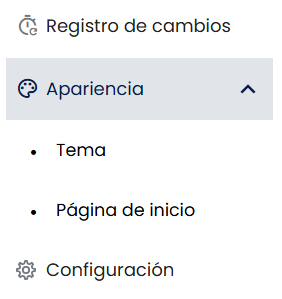 Vista de la sección Apariencia mostrando las dos sub-pestañas disponibles: Tema y Página de inicio