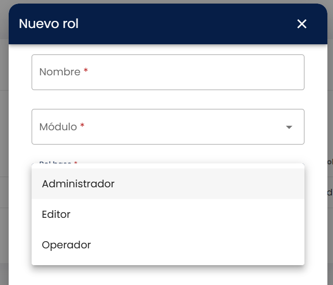 Ventana "Nuevo rol" con la lista desplegable "Rol base" abierta mostrando sus tres opciones: Administrador, Editor y Operador