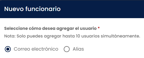 Ventana Nuevo funcionario con selector entre correo electrónico y alias