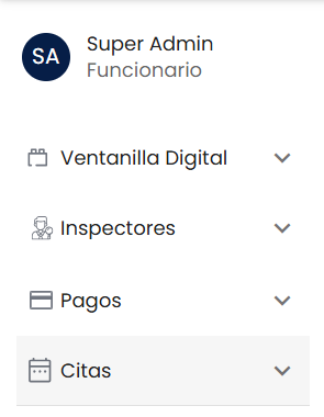 Barra lateral con la ficha del funcionario "Super Admin" arriba y los módulos Ventanilla Digital, Inspectores, Pagos y Citas, con "Citas" resaltada