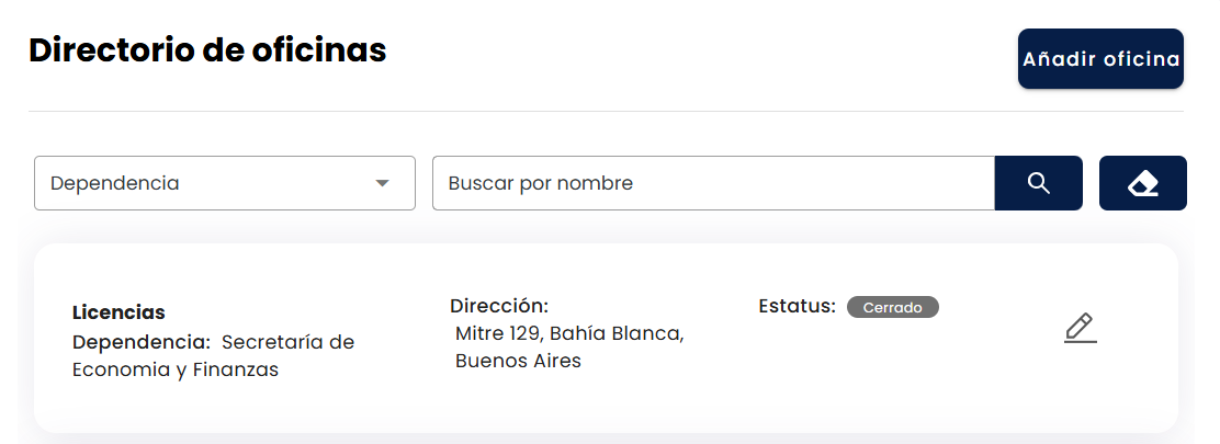 Vista Directorio de oficinas con filtros y tarjetas de oficina