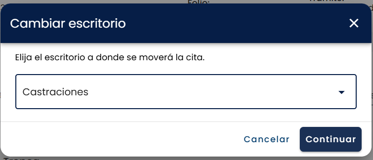 Ventana "Cambiar escritorio" con el texto "Elija el escritorio a donde se moverá la cita.", la lista desplegable mostrando el escritorio "Castraciones" y los botones "Cancelar" y "Continuar"