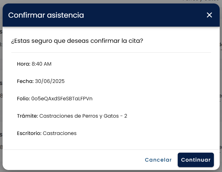 Opción Confirmar asistencia en el menú