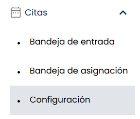 Barra lateral con el menú "Citas" desplegado mostrando sus tres sub-pestañas —Bandeja de entrada, Bandeja de asignación y Configuración— con "Configuración" resaltada