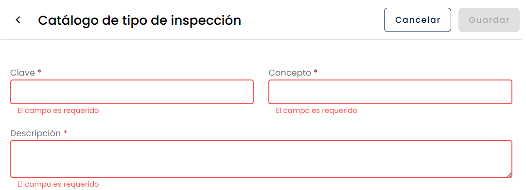Pantalla de creación de concepto con campos obligatorios