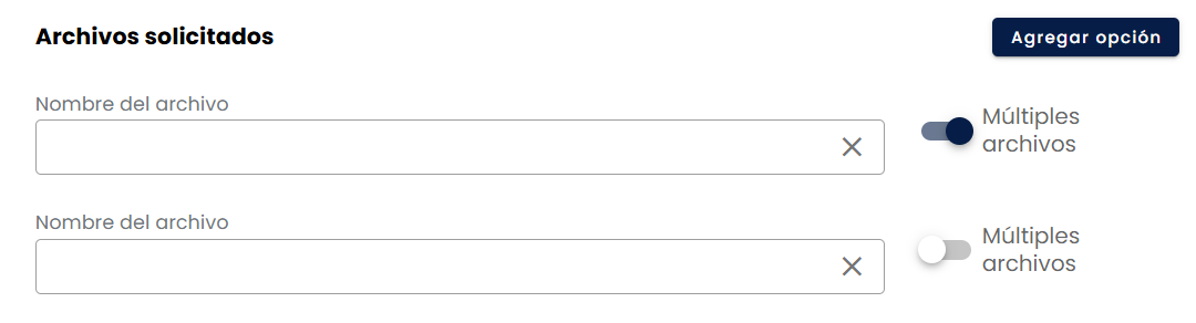 Sección Archivos solicitados con campo Nombre del archivo y interruptor Múltiples archivos