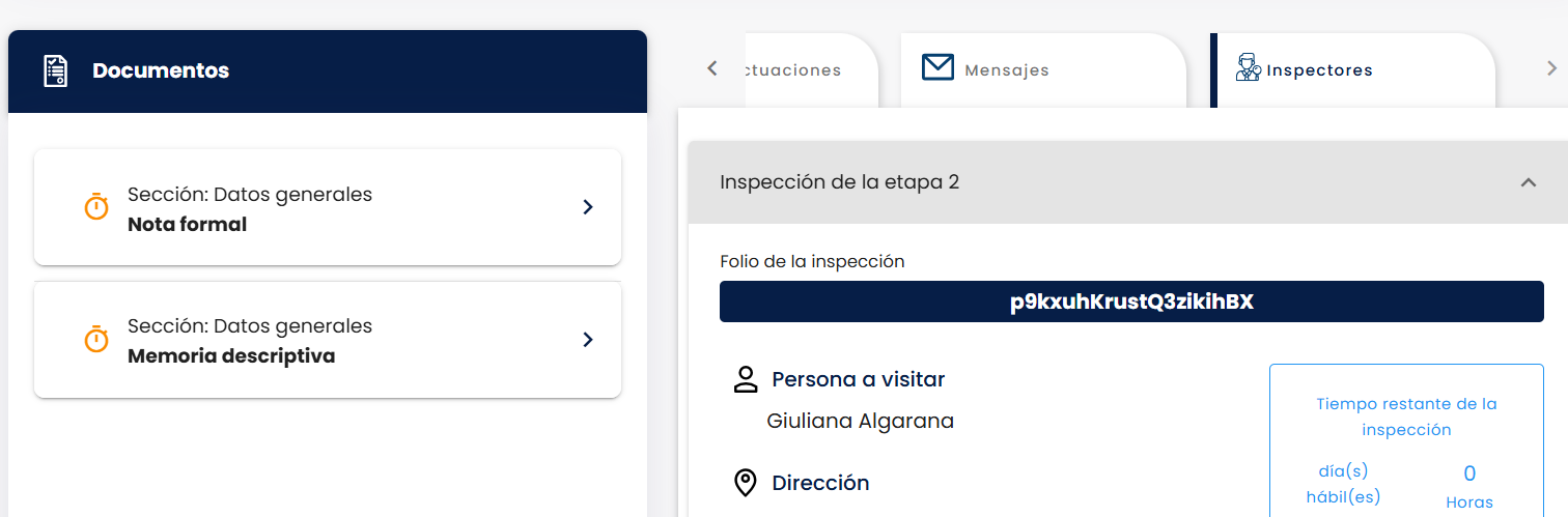 Pestaña Inspectores dentro del trámite
