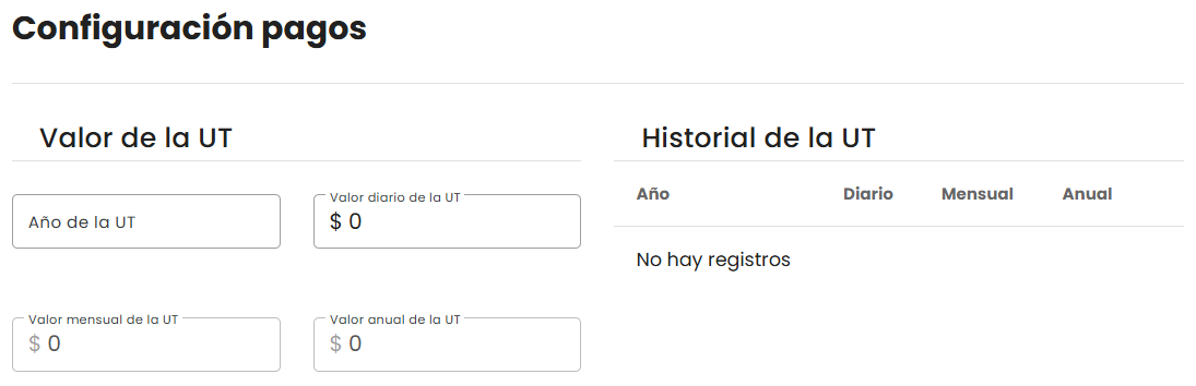 Formulario "Valor de la UT" con Año y Valor diario editables, y Valor mensual + Valor anual calculados automáticamente, junto a la tabla "Historial de la UT"