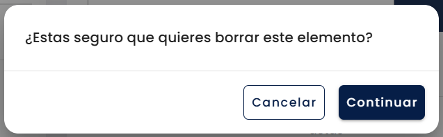 Ventana de confirmación al eliminar un concepto con el texto "¿Estas seguro que quieres borrar este elemento?" y botones Cancelar / Continuar