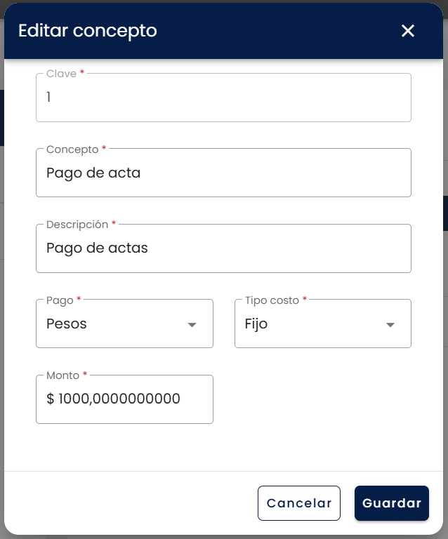 Ventana "Editar concepto" con los mismos campos que el alta: Clave, Concepto, Descripción, Pago, Tipo costo y Monto