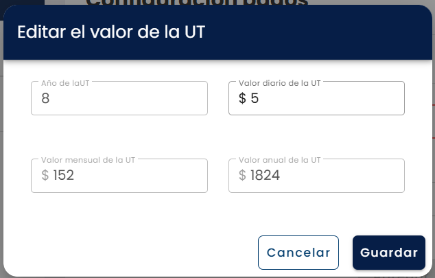 Ventana "Editar el valor de la UT" con Año + Valor diario editables