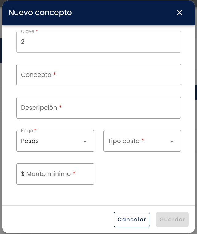 Ventana "Nuevo concepto" con Clave autogenerada, Pago default Pesos y campos Monto mínimo / Monto máximo visibles cuando Tipo costo es Variable