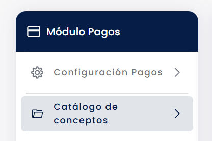 Vista del Catálogo de conceptos con tabla de columnas Clave / Concepto / Descripción / Pago / Tipo costo / Monto / Monto mínimo / Monto máximo / Acciones y botón "Nuevo concepto" en la esquina superior derecha