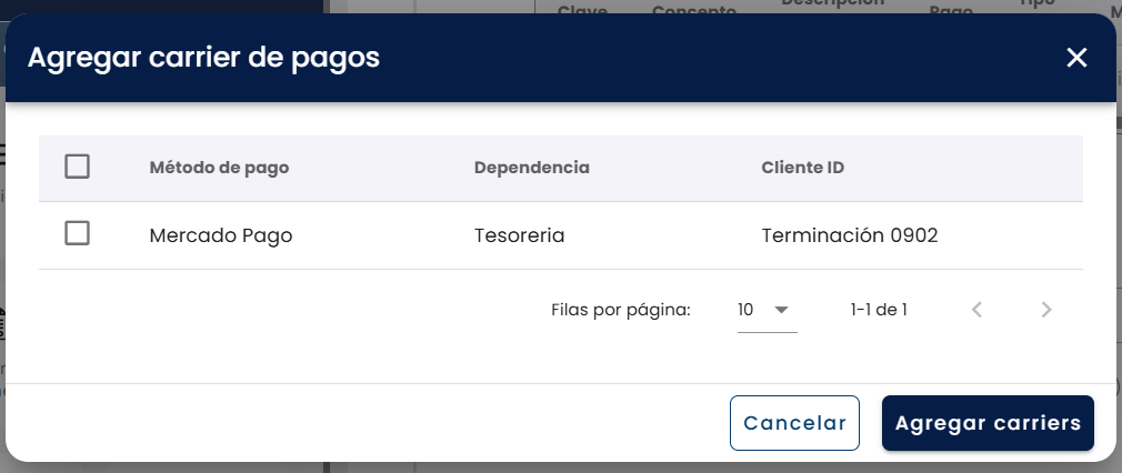 Ventana Agregar carrier de pagos con pasarelas disponibles