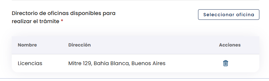Sección "Directorio de oficinas disponibles para realizar el trámite" ya cargada, con la tabla de columnas Nombre, Dirección y Acciones mostrando la oficina "Licencias" en Mitre 129, Bahía Blanca, Buenos Aires y su ícono de papelera