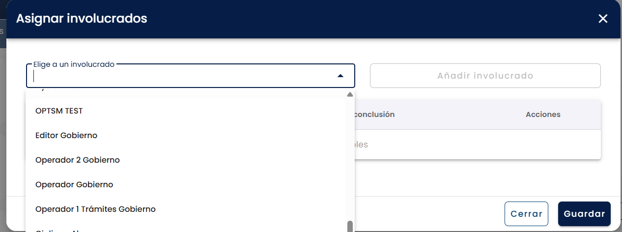 Ventana de asignación con la lista desplegable de involucrados