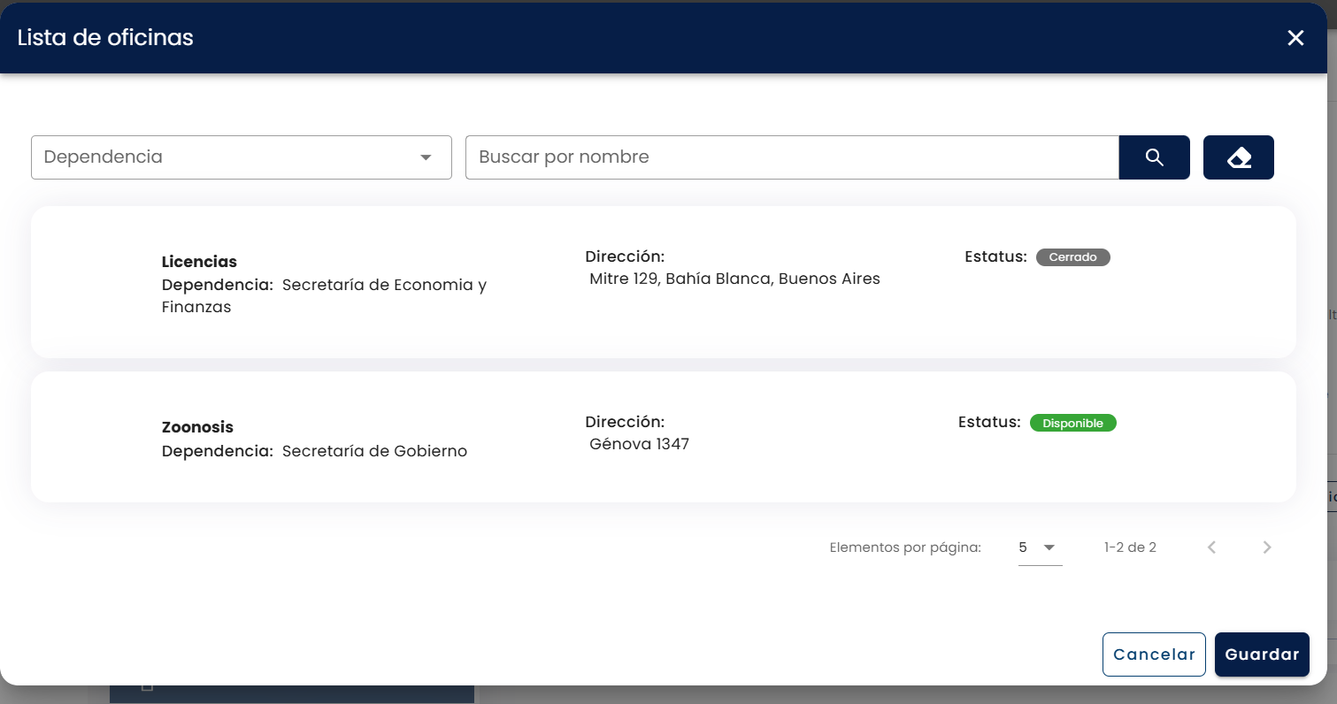 Ventana Lista de oficinas con tarjetas y selector de dependencia
