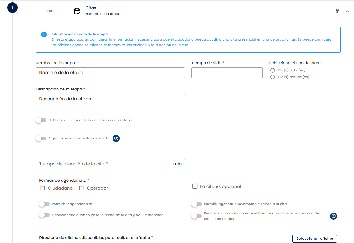 Panel de configuración de la etapa Citas