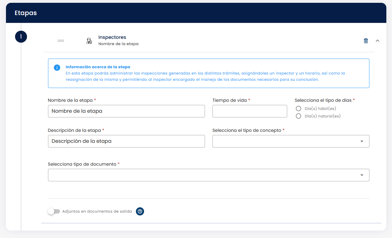 Panel de configuración de la etapa Inspectores
