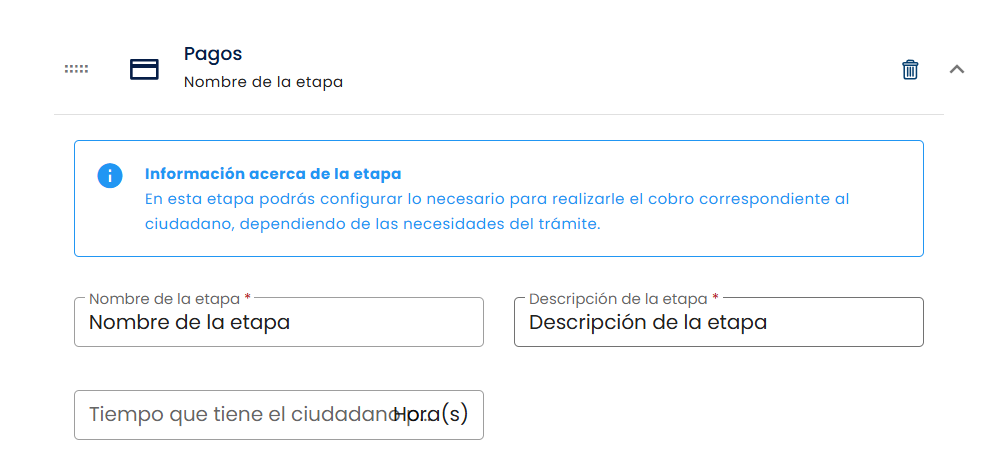 Panel de configuración de la etapa Pagos