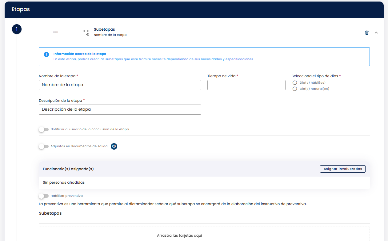 Panel de configuración de la etapa principal